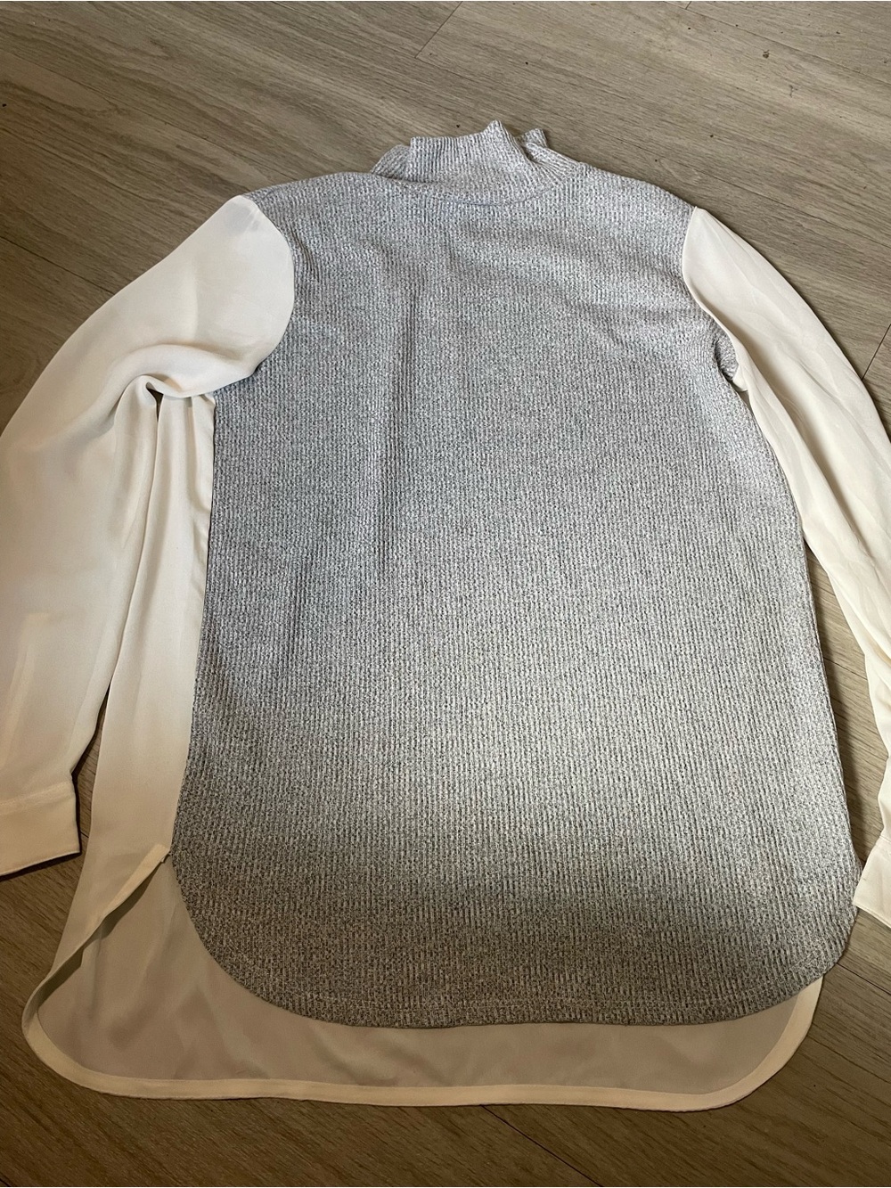 LOFT Gray Knit & Cream Chiffon-Sleeve Mixed Media Top